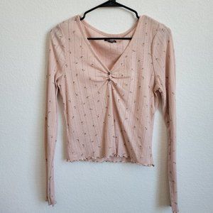 Wild Fable Pink Ribbed Flower Lettuce Trim Long Sleeve Cropped Top